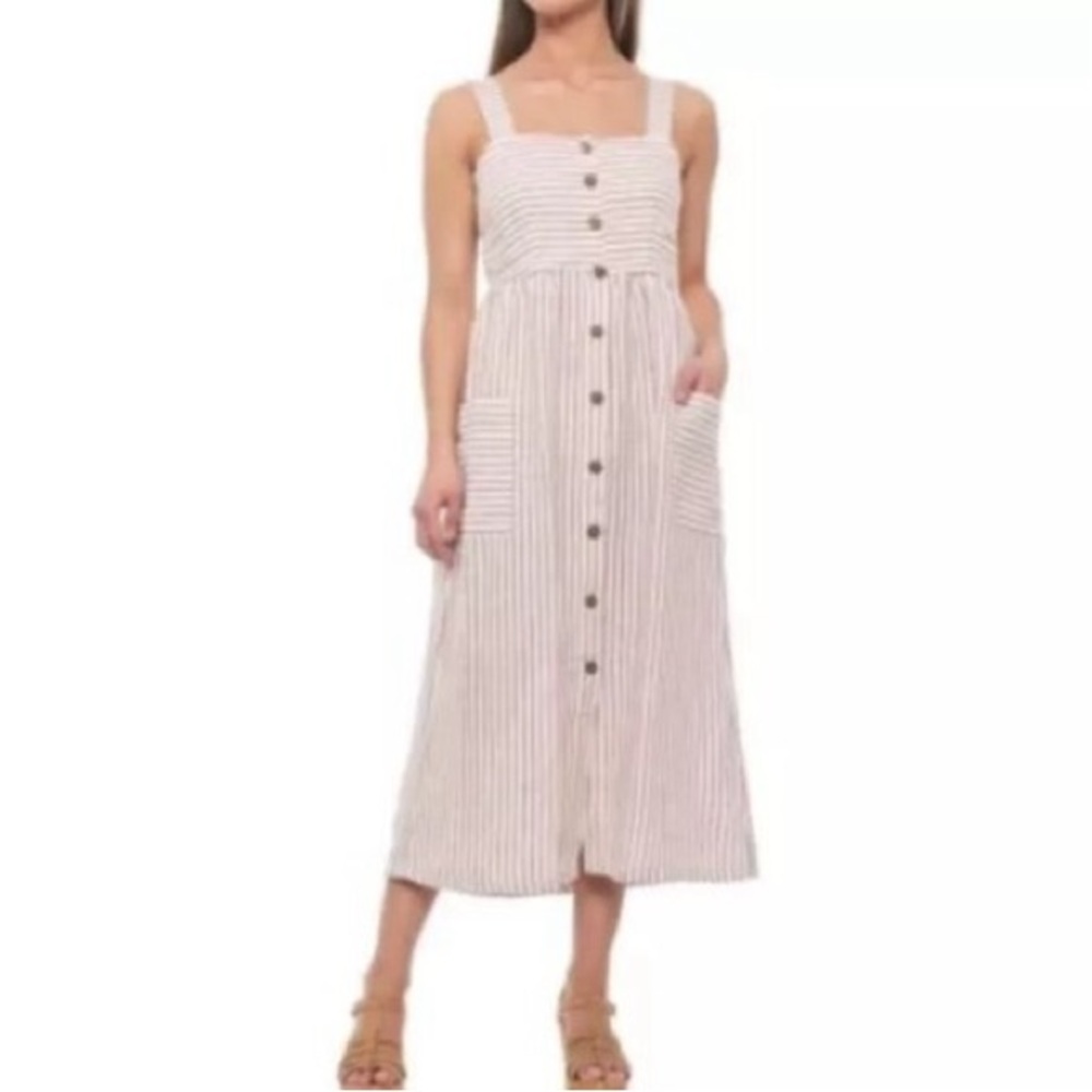 Button-Down Midi Dress 100% Linen Maroon Stripe w pockets  Sz 8